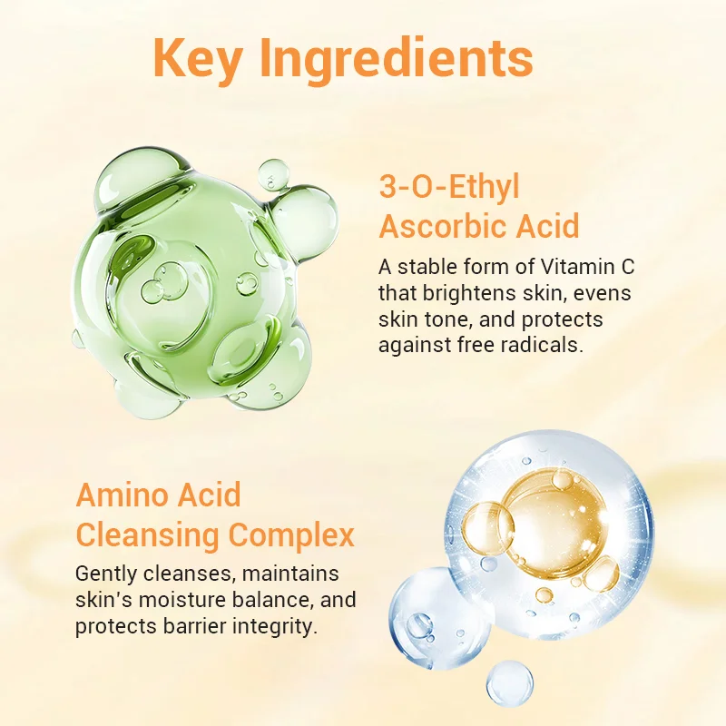 Visual of 3-O-Ethyl Ascorbic Acid and Amino Acid Cleansing Complex with descriptive text highlighting their benefits for skin health.
